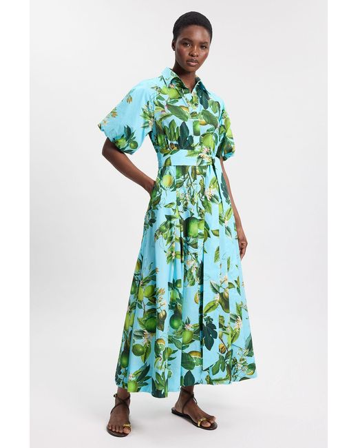 Karen Millen Green Petite Lime Print Cotton Puff Sleeve Woven Midi Shirt Dress With Dropped Waist Detail