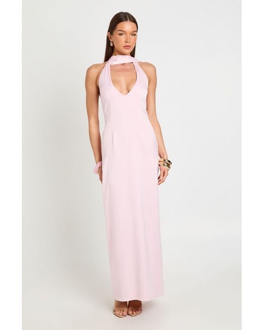 Boohoo Pink Satin Plunge Maxi Dress With Neck Tie