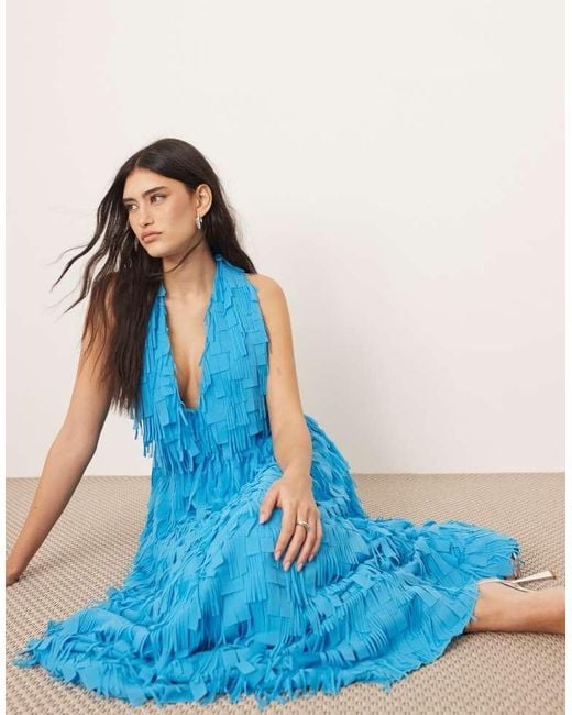 ARRANGE Blue Textured Laser Cut Halterneck Trapeze Maxi Dress