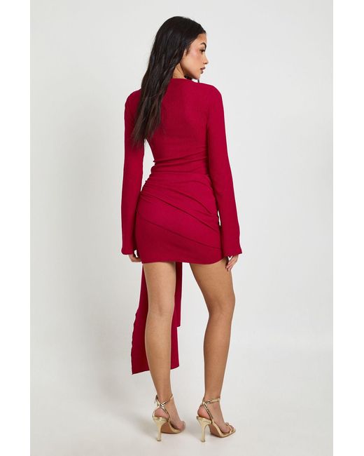 Boohoo Red Texture Wrap Tie Front Mini Dress