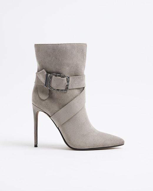 River Island White Heeled Boots Woven Buckle Suede