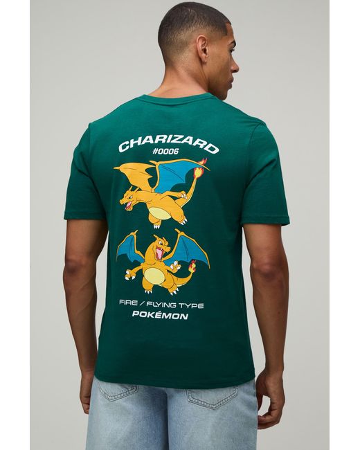 BoohooMAN Green Regular Charizard Pokemon License Print T-Shirt for men