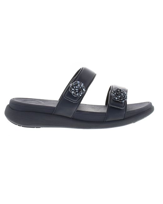 Fitflop Black Flat Sandals Mode Go Beadie Button Flatform Slip On Mindight