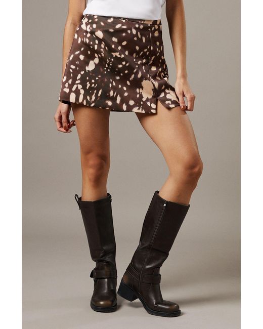 Warehouse Brown Satin Notch Hem Mini Skirt