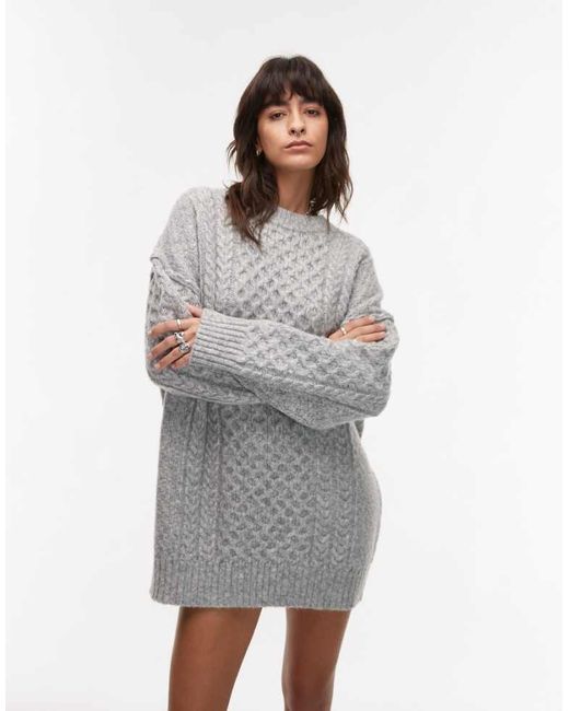 TOPSHOP Gray Knitted All Over Cable Oversived Mini Dress
