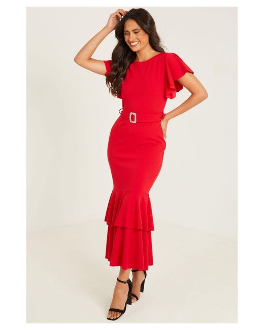 Quiz Red Frill Hem Midi Dress