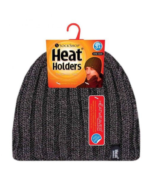 Heat Holders Black Fleece Lined Ribbed Winter Hat for men