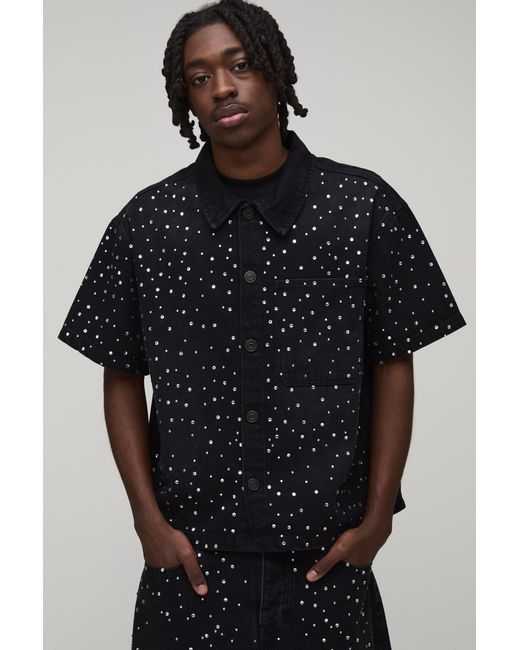 BoohooMAN Black Washed Rhinestone Boxy Oversized Revere Denim Shirt for men