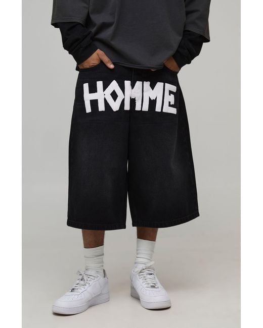 BoohooMAN Black Tape Effect Crotch Print Longline Denim Jorts for men