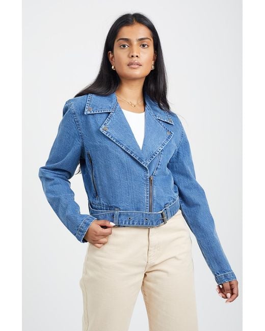Brave Soul Blue Mid 'Ivory' Denim Biker Jacket