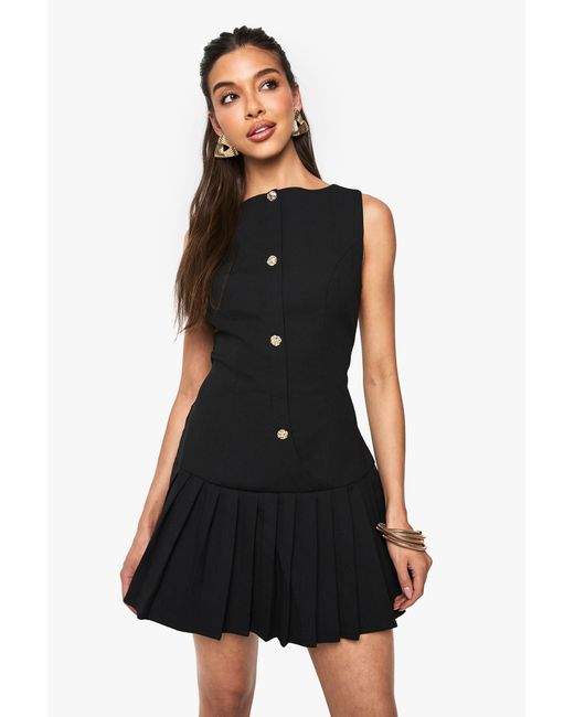 Boohoo Black Dropped Waist Pleated Mini Dress