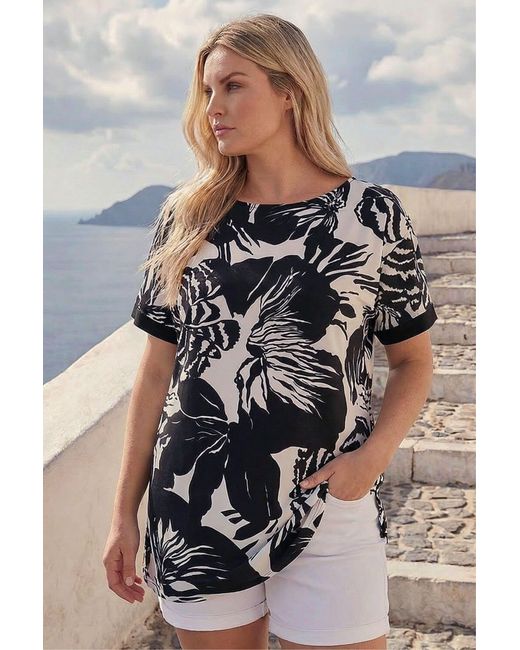 Roman Black Curve Mono Floral Print Stretch Top