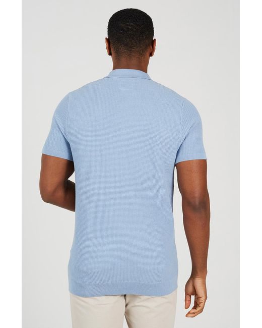 Brave Soul Blue Light Cotton Waffle Knit Embroidered Polo Shirt for men