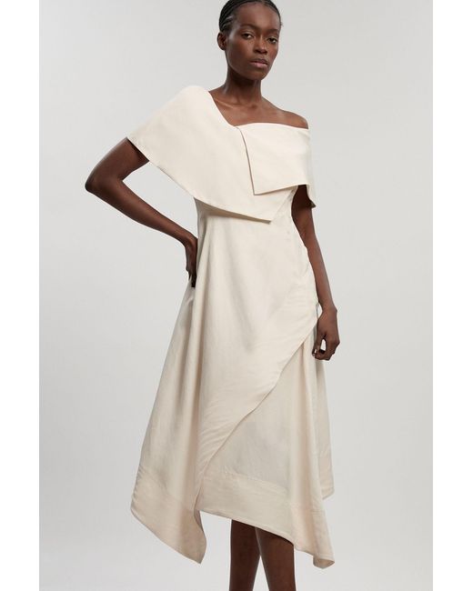 Karen Millen Natural Petite Premium Viscose Linen Tailored Asymmetric Neck Full Skirted Midi Dress