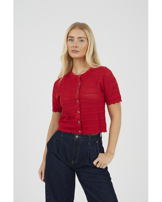 Brave Soul Red Short Sleeve Stitch Detail Crew Neck Cardigan