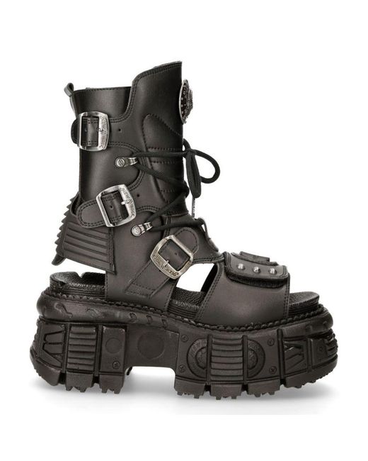 New Rock Black Vegan Leather Sandal Boots- Bios107-V1