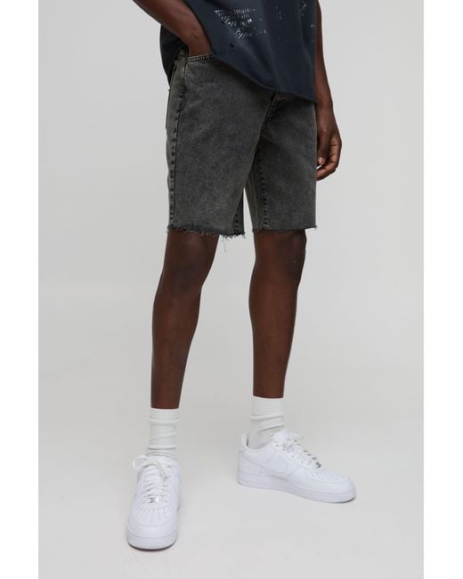 BoohooMAN Black Straight Fit Washed Raw Hem Jean Shorts for men