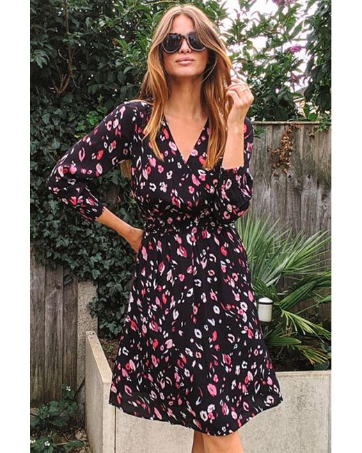 Sosandar Black Abstract Floral Print Stretch Waist Dress