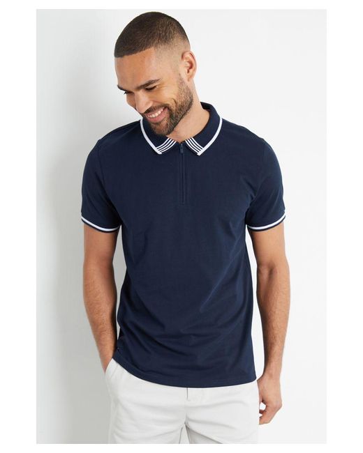 Threadbare Blue 'Bart' Tipping Detail Zip Neck Cotton Jersey Polo Shirt for men