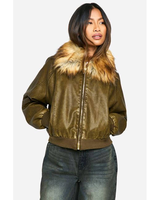 Boohoo Green Faux Fur Collar Vintage Look Leather Bomber Jacket