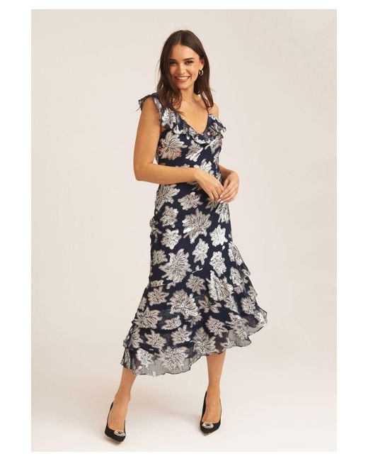Gini London Blue Floral Clipped Tiered Ruffle Midi Dress
