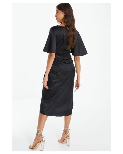 Quiz Black Satin Wrap Ruched Midi Dress