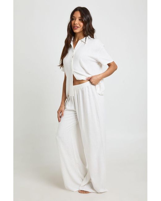 Boohoo White Linen Look Beach Wide Leg Trousers