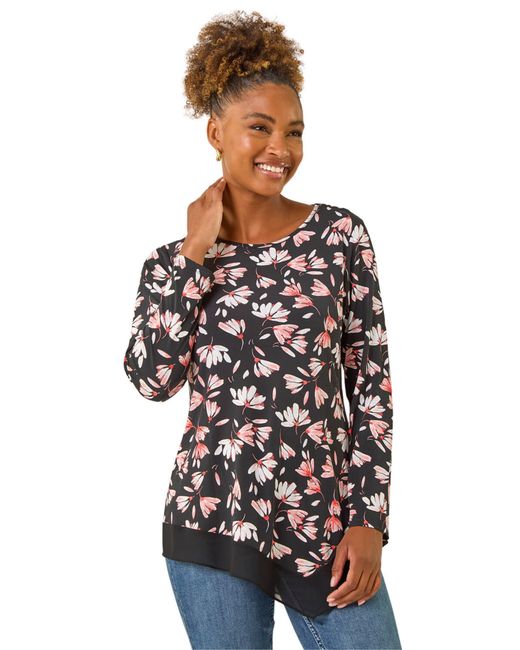 Roman Black Floral Puff Print Stretch Top