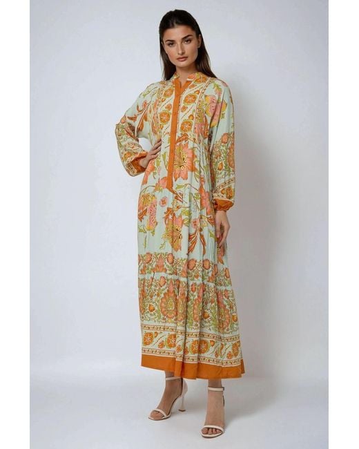 Hiccup Orange Patterned Maxi Dress With Shirt Collar