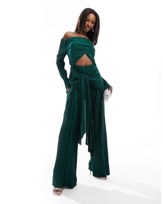 ASOS Green Plisse Bardot Twist Front Wide Leg Jumpsuit