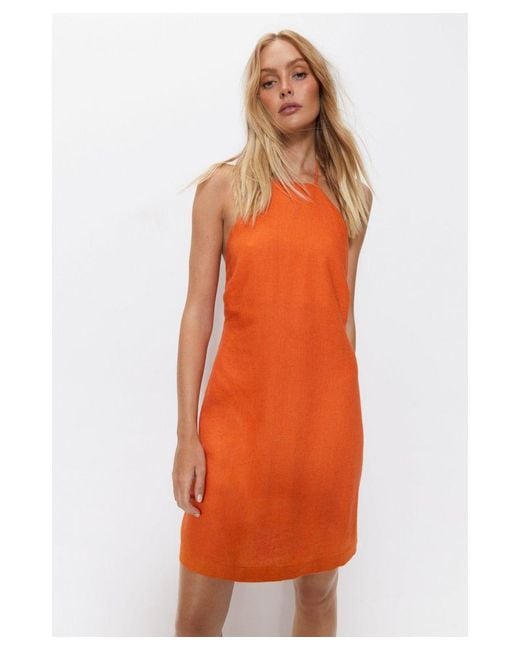 Warehouse Orange Linen Halter Neck Mini Dress