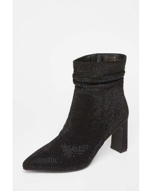 Quiz Black Wide Fit Diamante Heeled Boot