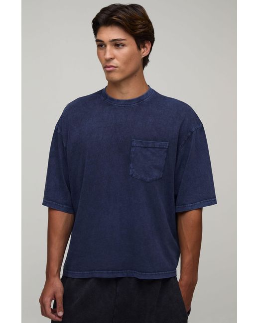 BoohooMAN Blue Essential Washed Oversized Boxy Front Pocket T-Shirt for men