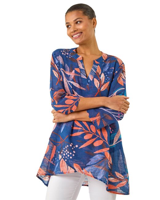 Roman Blue Leaf Print Wrap Front Tunic Top