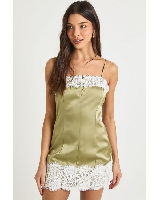 Boohoo Green Lace Trim Satin Slip Mini Dress