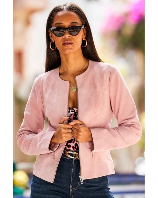 Sosandar Pink Soft Zip Front Round Neck Suede Jacket