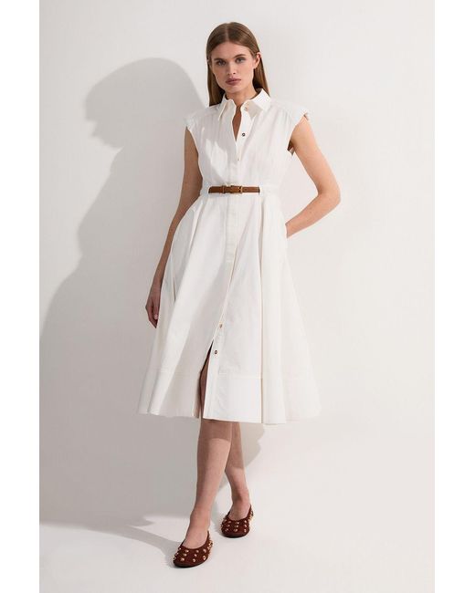 Karen Millen Natural Tailored Cotton Belted Collared Full Midi Dress