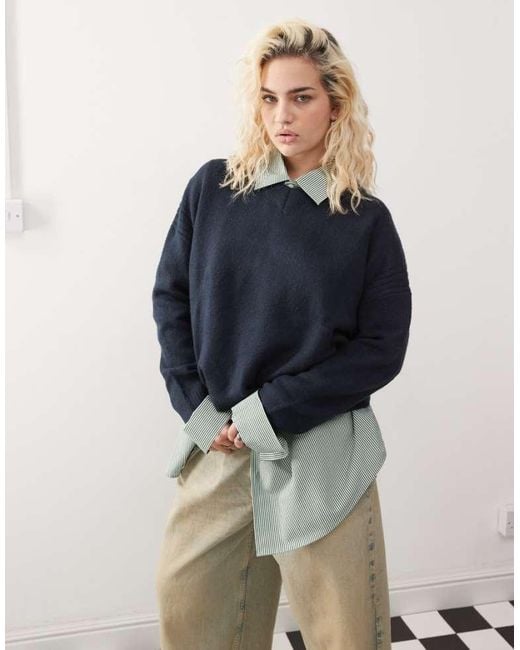 Collusion Blue V Neck Meet And Greet Jumper With Arm Rib