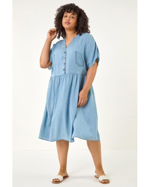 Roman Blue Curve Buttoned Shirt Dress