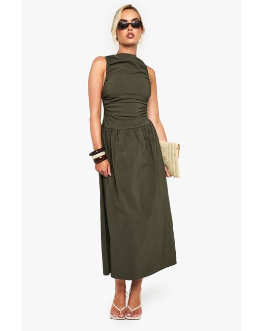 Boohoo Green Ruched Drop Waist Sleeveless Midaxi Dress