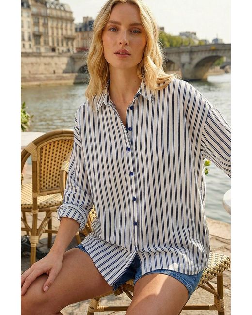 Roman Blue Stripe Print Button Blouse