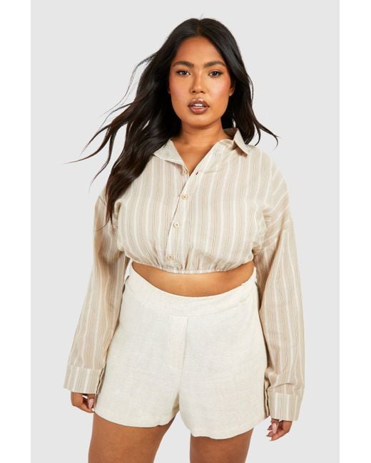 Boohoo White Plus Stripe Linen Look Gathered Hem Crop Shirt