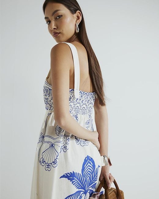 River Island Blue Maxi Dress Palm Print Cotton