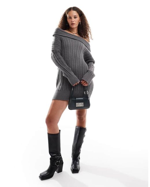 emory park Gray Chunky Cable Knit Off-Shoulder Knitted Mini Dress