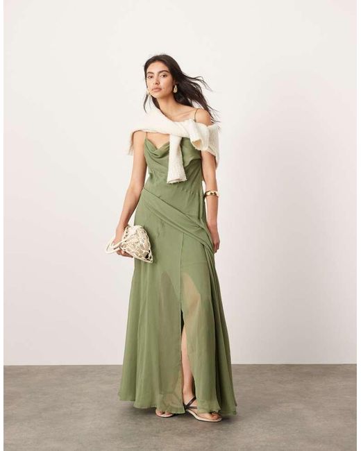 ASOS Green Chiffon Cami Asymmetric Drape Maxi Dress