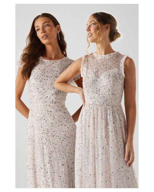 Coast Pink Frill Shoulder All Over Sequin Bridesmaids Maxi Dress