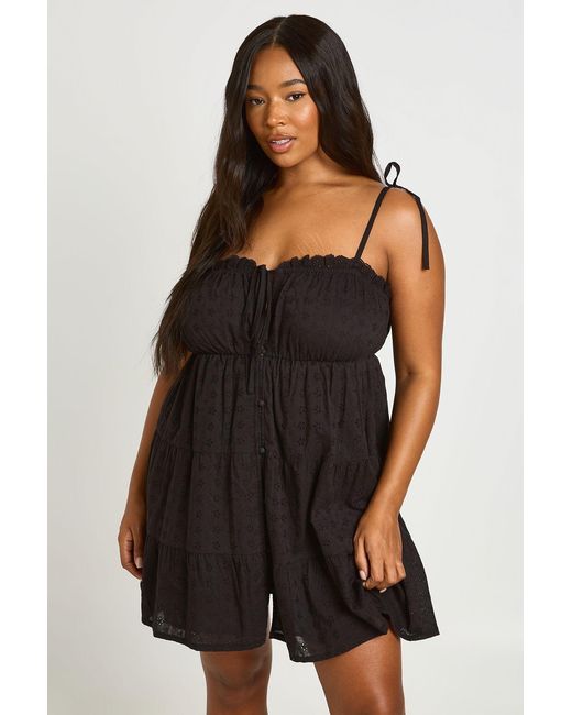 Boohoo Black Plus Broderie Scallopped Neck Tiered Smock Dress