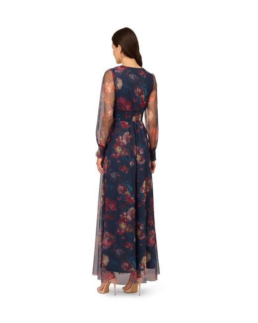Adrianna Papell Blue Print Mesh Maxi Dress