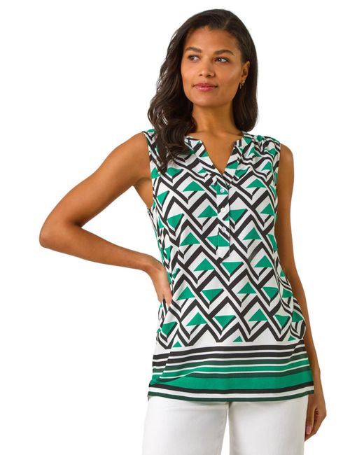 Roman Green Geo Print Border V-Neck Vest