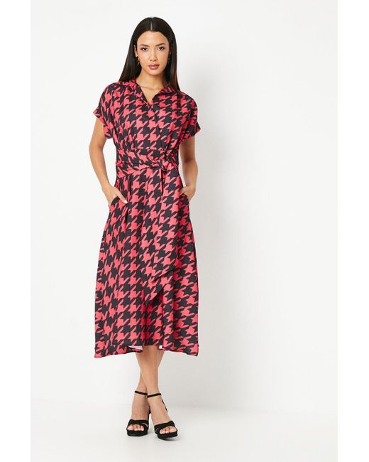 Wallis Red Dogtooth Print Front Tie Shirt Midi Dress